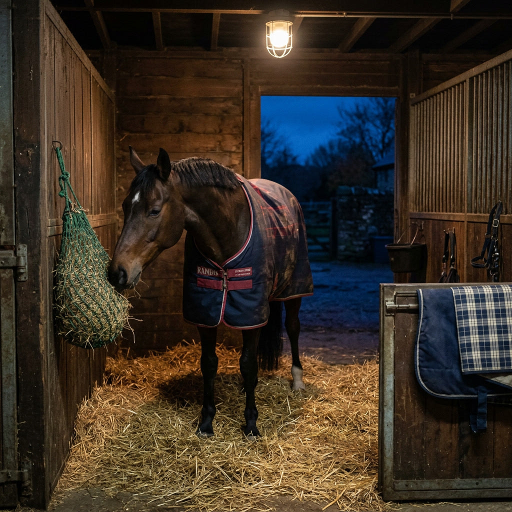 Calm bay horse settled in a stable with a full haynet on a November evening - UK9 Petcare