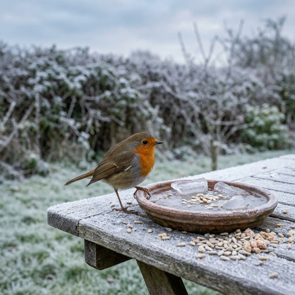 Robin beside a frosted dish of water with broken ice and sunflower hearts on a winter garden table - UK9 Petcare