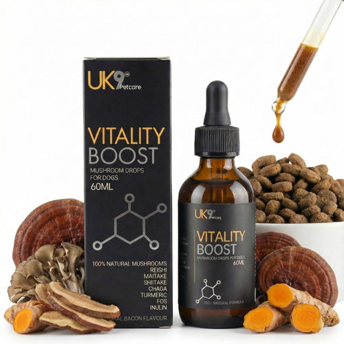 UK9 Vitality Boost, Immune Support Vitamins for Dogs, Wild Mushroom for dogs, with Chaga, Shiitake, Turkey Tail, Reishi and Maitake Mushroom Extract, Beta Glucan 60ml easy dosage liquid k9 drops.