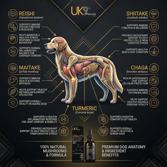 UK9 Vitality Boost, Immune Support Vitamins for Dogs, Wild Mushroom for dogs, with Chaga, Shiitake, Turkey Tail, Reishi and Maitake Mushroom Extract, Beta Glucan 60ml easy dosage liquid k9 drops.