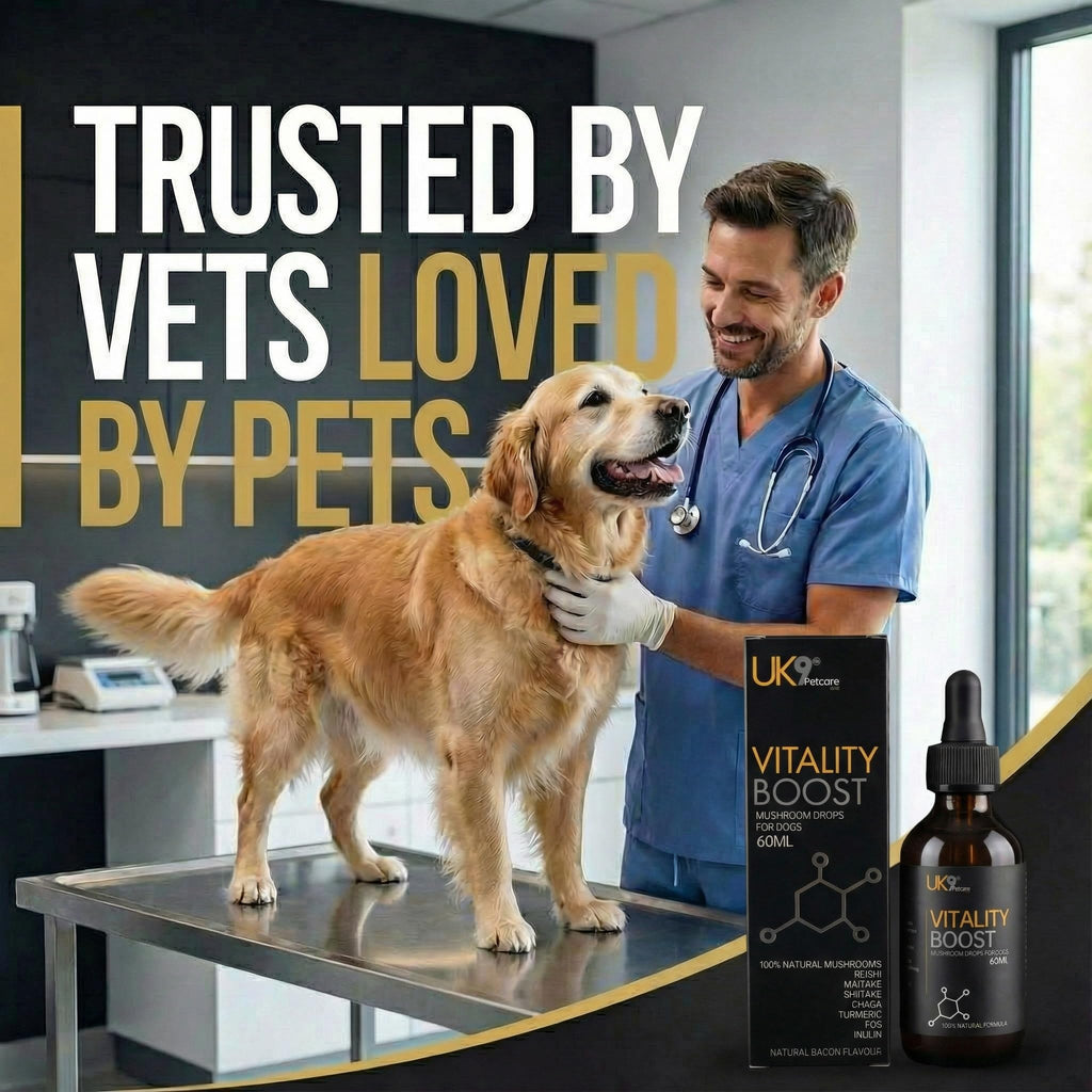 UK9 Vitality Boost, Immune Support Vitamins for Dogs, Wild Mushroom for dogs, with Chaga, Shiitake, Turkey Tail, Reishi and Maitake Mushroom Extract, Beta Glucan 60ml easy dosage liquid k9 drops.