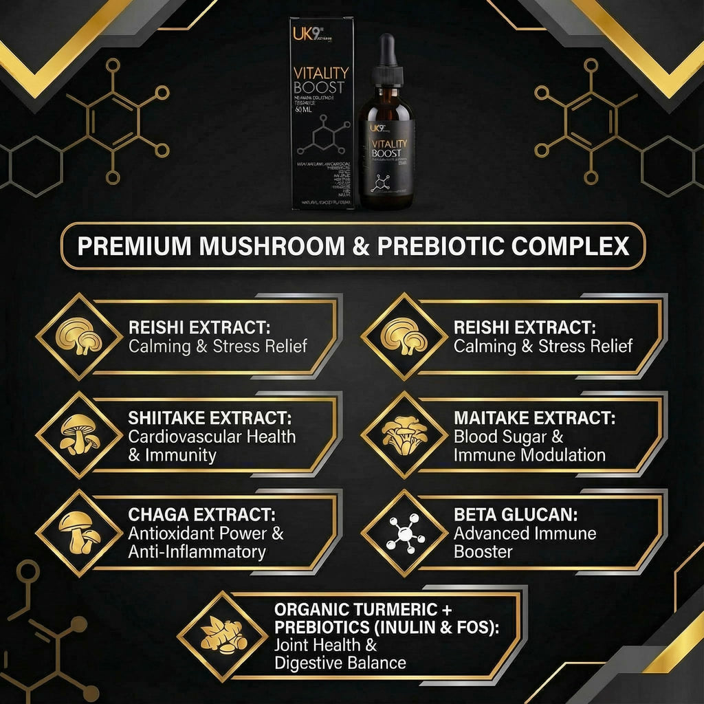 UK9 Vitality Boost, Immune Support Vitamins for Dogs, Wild Mushroom for dogs, with Chaga, Shiitake, Turkey Tail, Reishi and Maitake Mushroom Extract, Beta Glucan 60ml easy dosage liquid k9 drops.