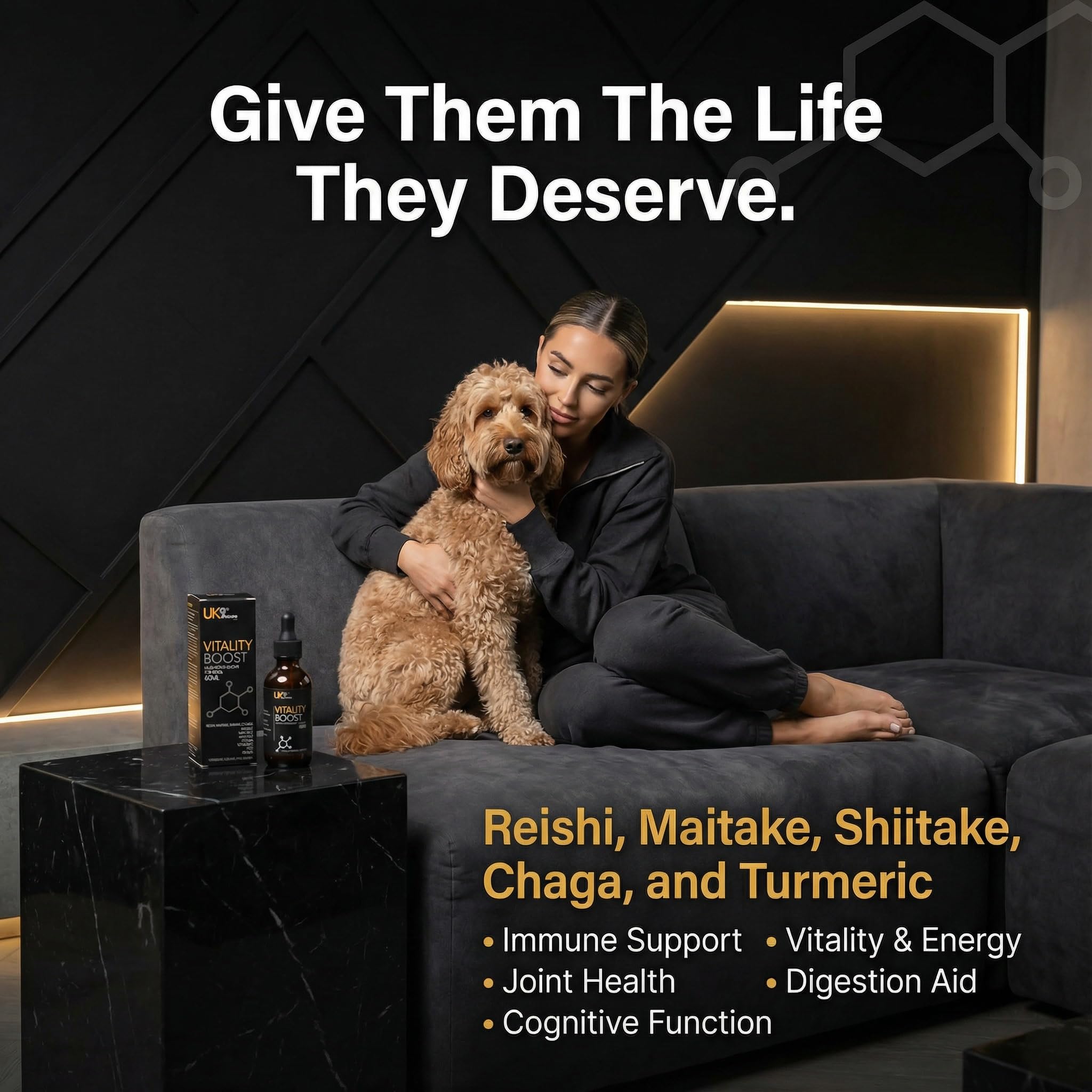 UK9 Vitality Boost, Immune Support Vitamins for Dogs, Wild Mushroom for dogs, with Chaga, Shiitake, Turkey Tail, Reishi and Maitake Mushroom Extract, Beta Glucan 60ml easy dosage liquid k9 drops.