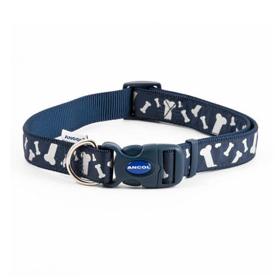 Ancol Paw and Bone Adjustable Reflective Blue Dog Collar 45 - 70cm Ancol