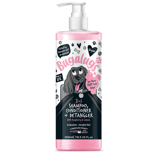 Bugalugs 3 in 1 Raspberry & Lemon Dog Shampoo & Conditioner & Detangler 500ml Bugalugs