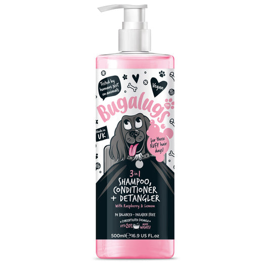 Bugalugs 3 in 1 Raspberry & Lemon Dog Shampoo & Conditioner & Detangler 500ml Bugalugs