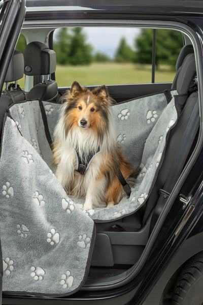 Trixie Grey Protective Blanket for Cars with Paw Print and High Sides for Half of the Backseat, 0.5 x 1.45m, Grey/Black