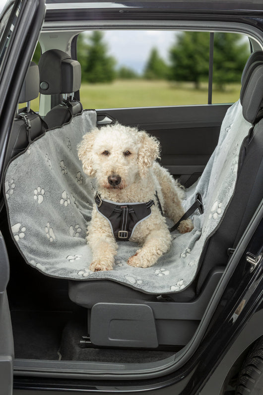 Trixie Grey Protective Car Blanket with Paw Print and Elastic Straps, 1.4 x 1.45m, Grey/Black