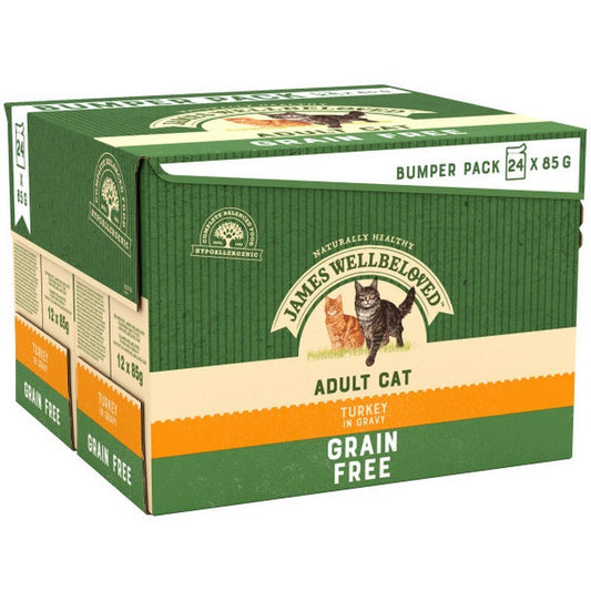 James Wellbeloved Adult Cat Grain Free Turkey in Gravy Pouches 85g x 24 x 2 James Wellbeloved