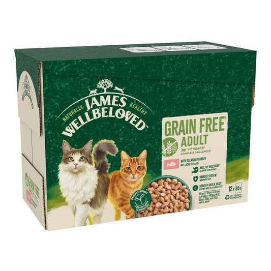 James Wellbeloved Adult Cat Grain Free Salmon in Gravy Pouches 85g x 12 x 4 James Wellbeloved