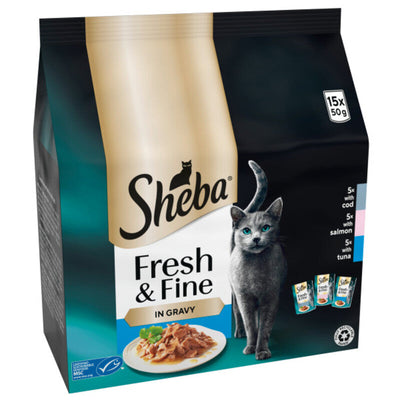 Sheba Fresh & Fine Adult Cod, Salmon & Tuna in Gravy Pouches 50g x 15 x 3 Sheba