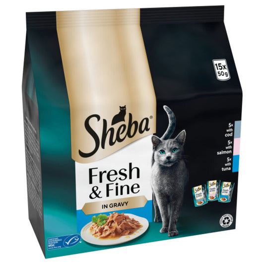 Sheba Fresh & Fine Adult Cod, Salmon & Tuna in Gravy Pouches 50g x 15 x 3 Sheba
