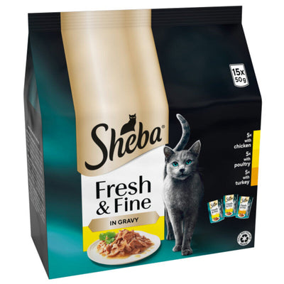 Sheba Fresh & Fine Adult Chicken, Poultry & Duck in Gravy Pouches 50g x 15 x 3 Sheba