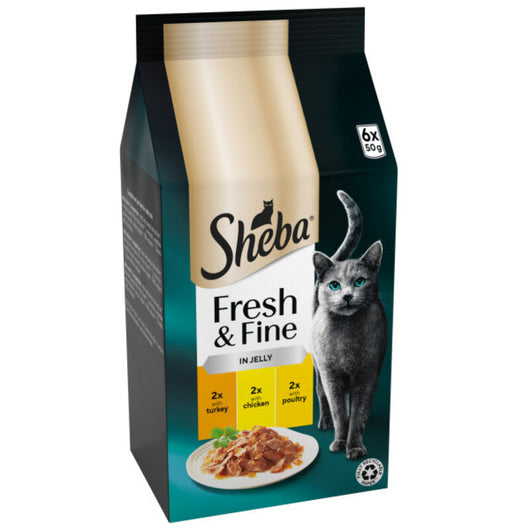 Sheba Fresh & Fine Adult Chicken & Turkey & Poultry in Jelly Pouches 50g x 6 x 8 Sheba