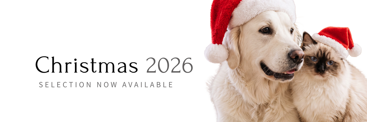 Christmas 2026 selection now available - dog and cat in Santa hats